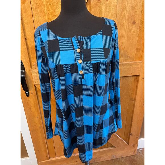 Women's Large Top Blue Black Printed Checkered Casual Tunic Blouse NWOT - Picture 5 of 8